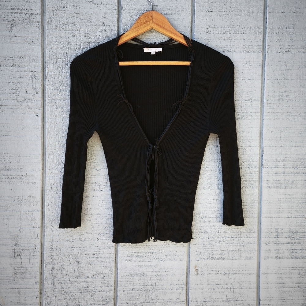PAULE KA Silk Ribbed Knit Cardigan sz S/M Black Quiet Luxury Chic Euro Summer